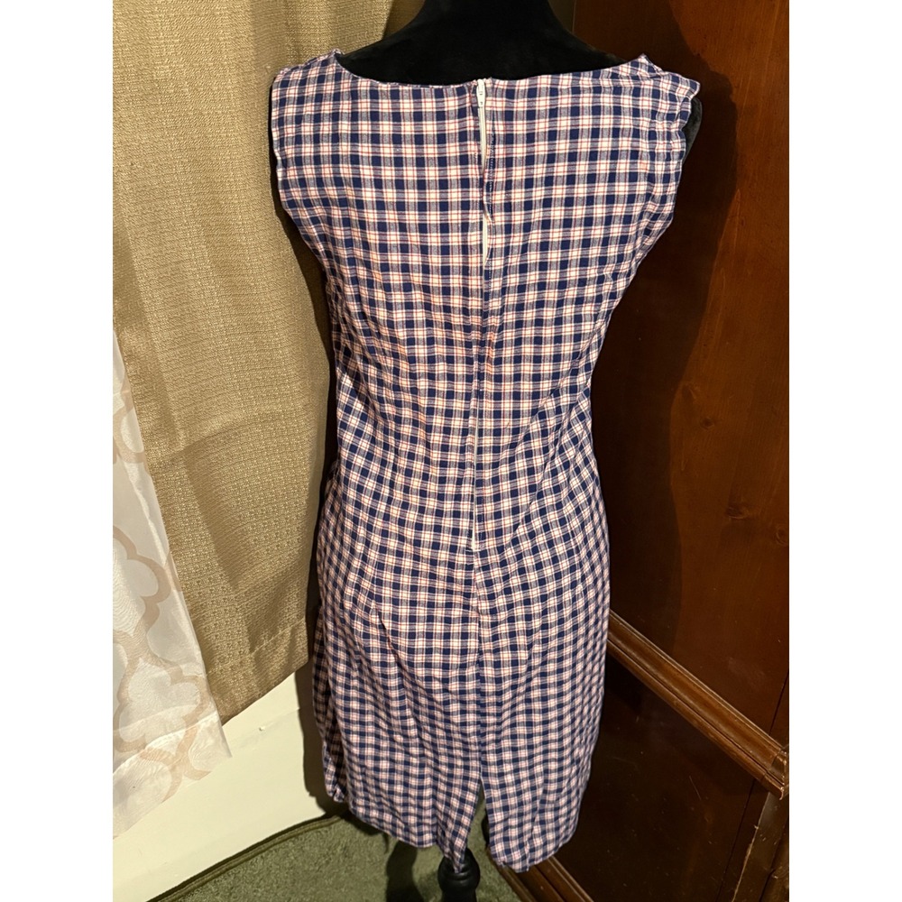 Handmade Plaid Sleeveless Shift Dress Medium Navy Blue Red White - Picture 4 of 8